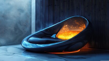 Digital painting of futuristic high-tech pet bed with glowing comfort settings, luxurious modern sci-fi design in deep blue tones