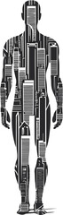 Line art of a human silhouette made from skyscraper outlines, bold black stroke, abstract design 3