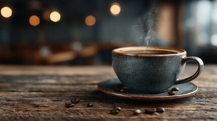 Steaming cup of hot coffee with beans on a wooden table, blurred bokeh background, warm and inviting atmosphere