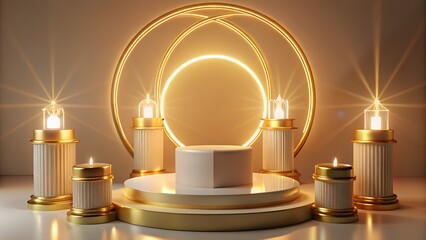 Photo of elegant stage with podium, candles, and golden circular backdrop, illuminated for a luxurious presentation