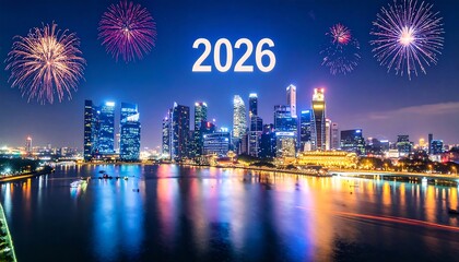 Obraz premium A vibrant cityscape at night, illuminated by colorful lights, with fireworks exploding above, celebrating the new year 2026.