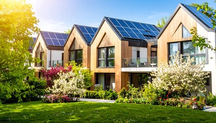 Modern, eco-friendly homes with solar panels stand out against a bright, sunny sky, nestled amongst lush landscaping.