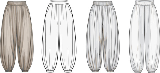 Loose fit harem pants front and back view, gathered cuff design, baggy style fashion illustration, technical garment flat sketch, vector clothing template for apparel