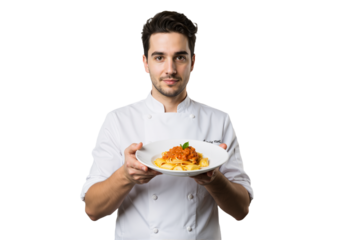 Chef holding a plate of spaghetti with tomato sauce and basil on a transparent background, ready to serve