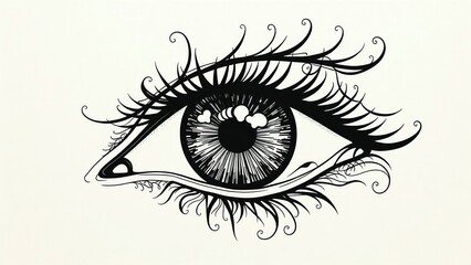 Intricate illustration of a detailed human eye with elaborate decorative eyelashes and swirling patterns, showcasing artistic precision and abstract beauty