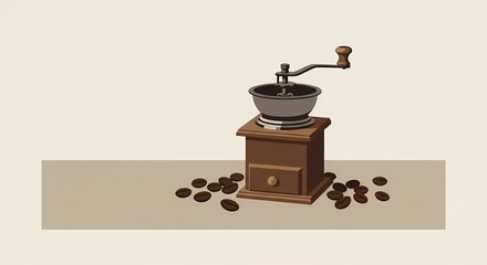 Vintage wooden coffee grinder with scattered coffee beans on a light brown surface