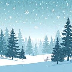 Fototapeta premium Peaceful winter landscape illustration featuring a snowy pine forest and falling snowflakes under a gentle blue sky