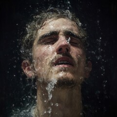 Oil painting of a young man with closed eyes feeling water splashing on his face, creating a dramatic and artistic portrait with a dark background