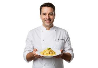 Chef presenting a delicious plate of pasta carbonara in a professional studio setting