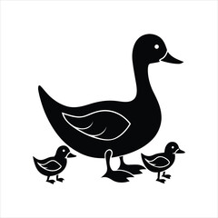 Duck and Ducklings Silhouette Vector Illustration