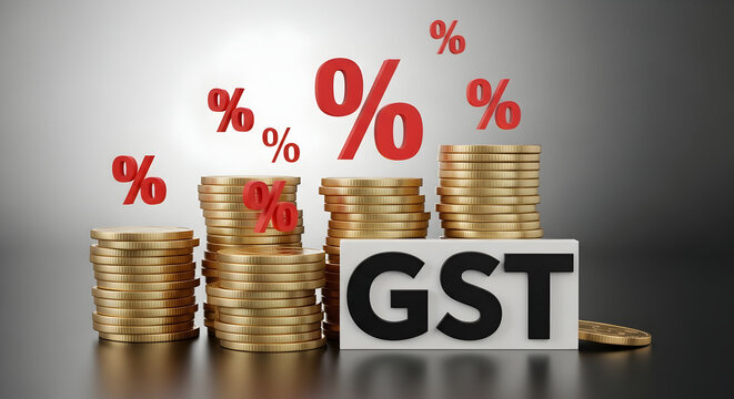 Stacked gold coins next to white block labeled “GST” — Goods and Services Tax concept, taxation, finance and indirect tax compliance