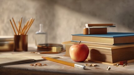Still life study scene with books, apple, and pencils in warm lighting