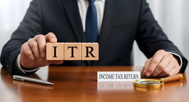 Professional holding wooden blocks spelling ITR on desk with income tax returns folder and coins &mdash; income tax filing, return submission and tax compliance concept