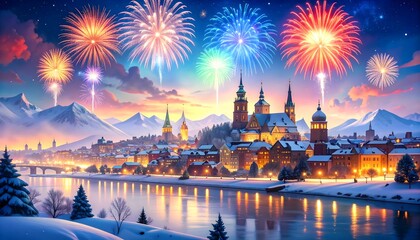 Fototapeta premium Enchanting winter celebration with colorful fireworks lighting up a historic city nestled beside a tranquil river