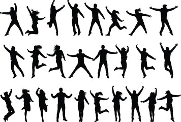Silhouettes of a diverse group of ecstatic young people jumping for joy, celebrating success, freedom, and happiness, isolated on a white background