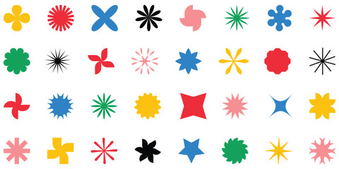 Collection of diverse abstract geometric shapes and floral designs in vibrant colors white background