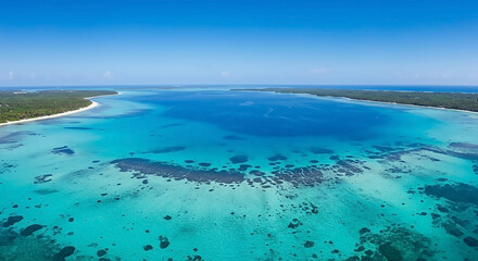 Obraz premium Breathtaking Tropical Lagoon Turquoise Waters, Palm Trees, and Pristine Beauty Under a Bright Blue Sky