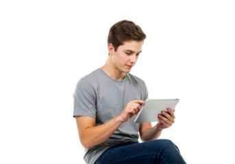 Young man sitting and using a tablet computer on a transparent background, modern technology
