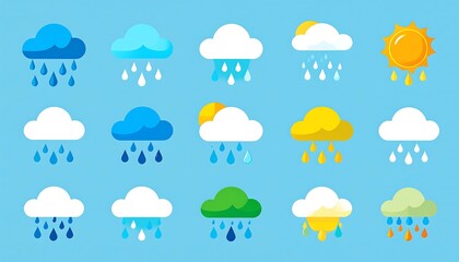Obraz premium Colorful weather icons depicting various weather conditions with clouds and suns.