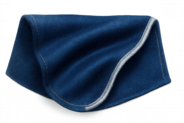 Folded blue denim fabric with grey trim, lying flat against transparent backdrop, ready for graphic design compositions