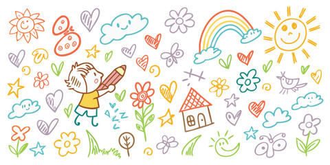 Whimsical childhood drawings featuring a boy with ice cream a rainbow and a sunny sky white background