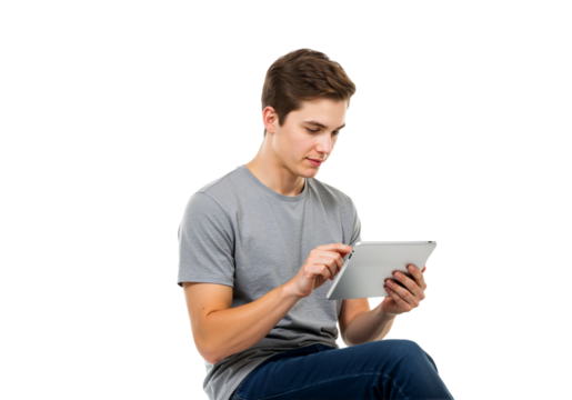 Young man sitting and using a tablet computer on a transparent background, modern technology