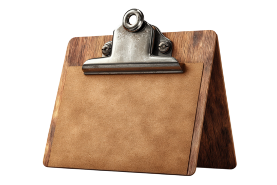 Wooden clipboard with blank paper for notes and presentations on transparent background