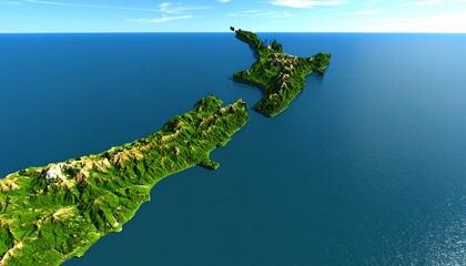 High-angle, detailed illustration of the geographic landscape of the northern island of New Zealand, showcasing lush greenery, and coastal features, amidst a vibrant, clear sky.