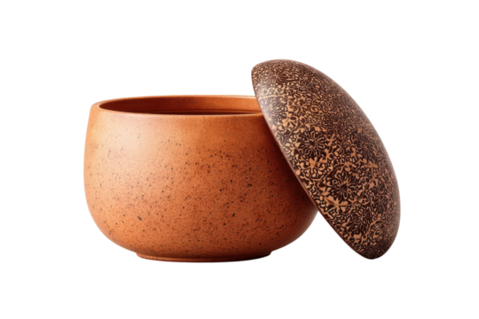 Decorative terracotta pot with patterned lid for storage solutions on transparent background
