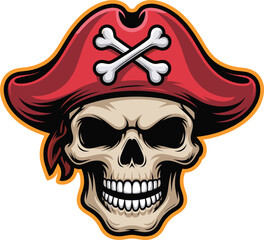 Pirate skull illustration, red hat with bones, scary cartoon face, vector mascot, Halloween design, vintage skull art, editable drawing
