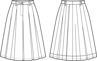 Pleated skirt front and back view with waistband stitching detail, cad drawing flat vector illustration, fashion design, garment template