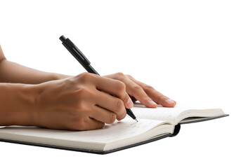 Close-up of a person's hand writing in a notebook, capturing the act of note-taking and journaling