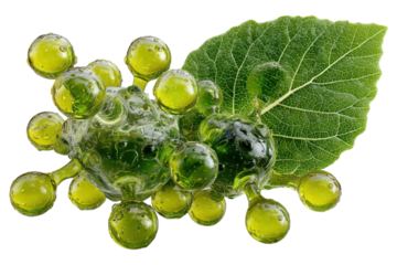 Green algae and leaf in a vibrant microscopic rendering on transparent background