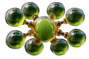 Green leaf molecule with spheres for science or nature concept on transparent background