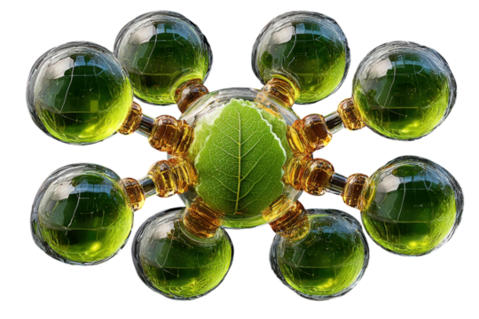 Green leaf molecule with spheres for science or nature concept on transparent background