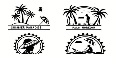 Tropical Beach Scene Silhouettes with Palm Trees and Sun