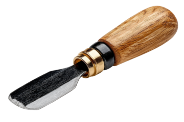 Wood carving tool with oak handle and curved steel blade detail on transparent background