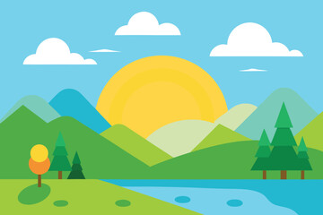 Fototapeta premium A vibrant landscape featuring a radiant sun rising over rolling green mountains, with a tranquil river flowing through the scene under a clear blue sky with clouds