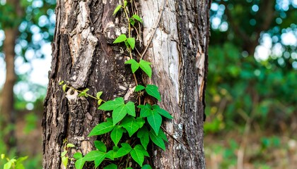 Obraz premium Vibrant green vines gracefully climb a textured tree trunk, showcasing nature's artistry in a tranquil forest scene.