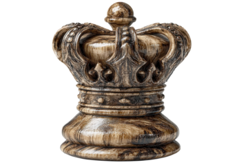 Ornate wooden king chess piece with crown and detailed carvings on transparent background