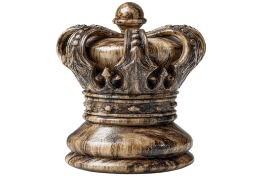 Ornate wooden king chess piece with crown and detailed carvings on transparent background