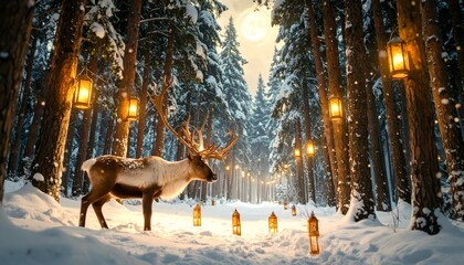 Fototapeta premium Enchanted winter scene with a reindeer in a snow-covered forest lit by warm glowing lanterns