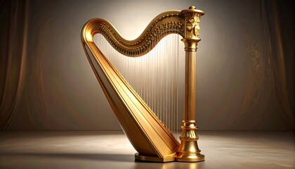 Elegant golden harp with intricate details on a neutral gradient background artistic capture