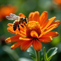 Bee Pollinating Bright Orange Flower