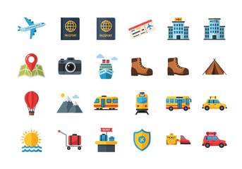 A comprehensive collection of vibrant flat design icons illustrating diverse aspects of global travel, tourism, transportation, and vacation planning
