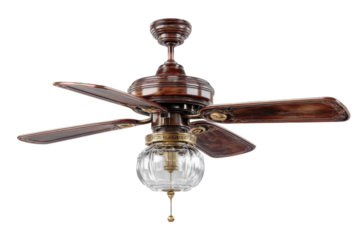Ornate ceiling fan with light fixture and wooden blades design on transparent background