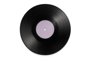 Obraz premium Black vinyl record with blank lilac label isolated on transparent background, perfect for music-themed projects