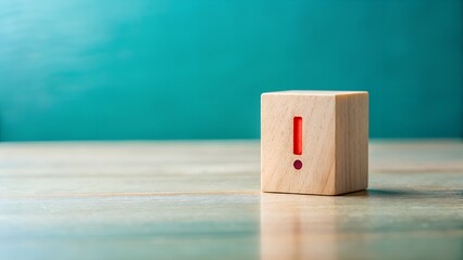 A single wooden block with a red exclamation mark symbol, signifying a warning or important notice, placed on a wooden surface with a teal background