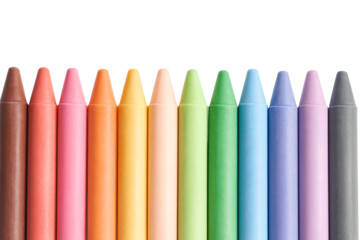  AI-generated image of twelve pastel-colored crayons standing upright in a neat row against a white background.