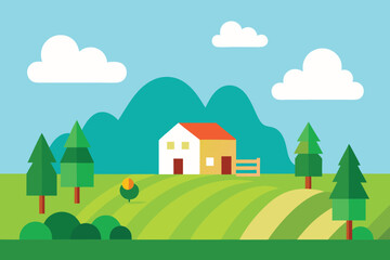 Idyllic countryside landscape featuring a charming house nestled amidst rolling green hills, with trees and clouds under a clear blue sky